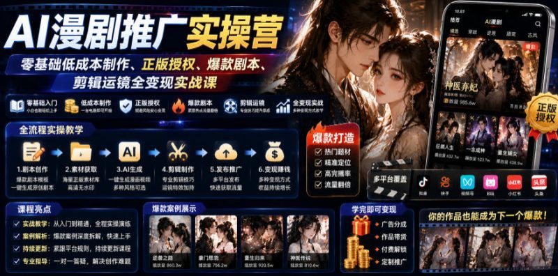 AI漫剧推广实操营｜零基础低成本制作、正版授权、爆款剧本、剪辑运镜全变现实战课万象阁-VIP网课-网赚项目-创业项目-精品资源-技能教程万象阁